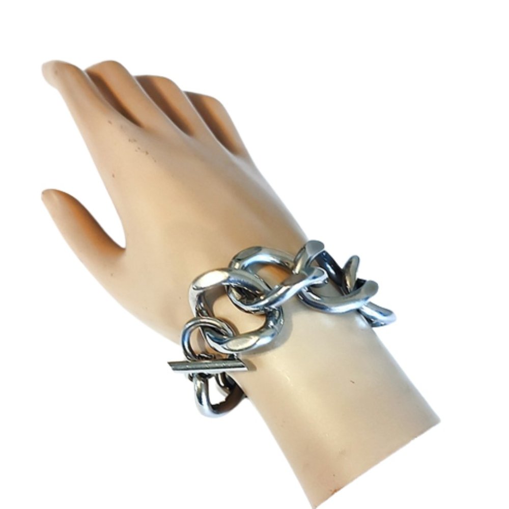1990s Vintage Large Chunky Industrial Bohemian Style Link Bracelet Chrome Metal